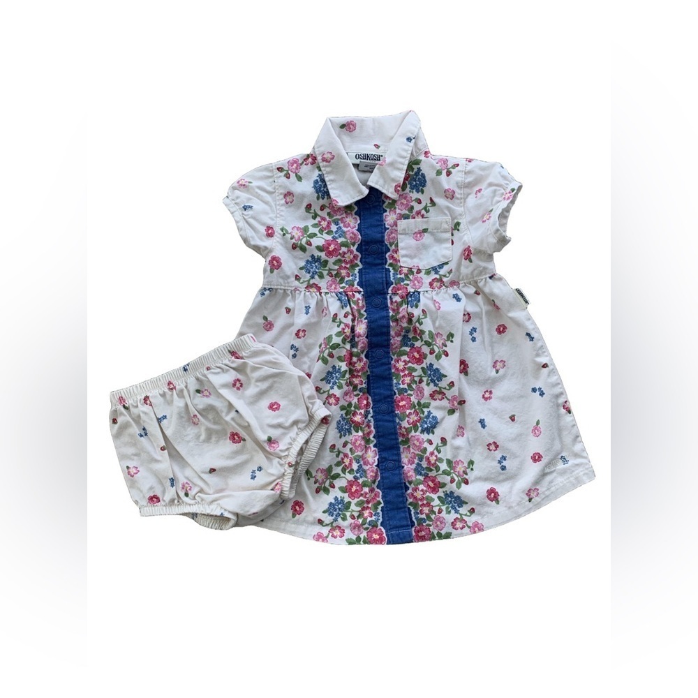 Vintage OshKosh Size 12 Months White Floral Dress and Bloomers Set